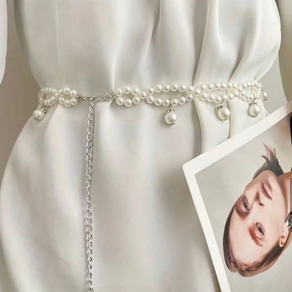 Double Layer Faux Pearl Chain Elegant Dress Girdle Trendy Pendant Chain Belt Dec